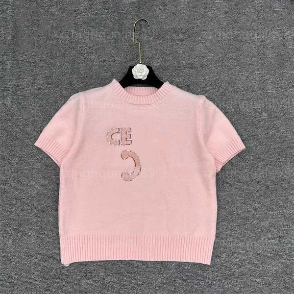 Suéter de luxo mulheres designer suéteres mulheres malha jumper rosa manga curta em torno do pescoço pérola letras bordadas moda solta ajuste casual top mulher roupas