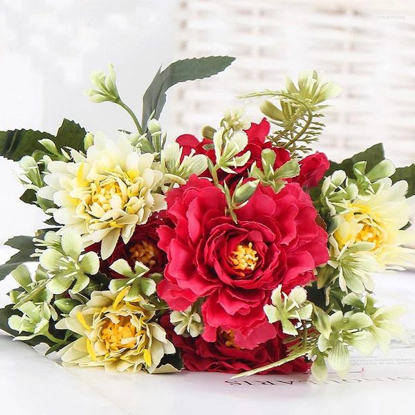 Fiori decorativi Dalia Bouquet artificiale 34 cm Lunghezza 7 teste Fiore finto in seta per la cerimonia nuziale Decorazioni per la casa Tavolo per feste