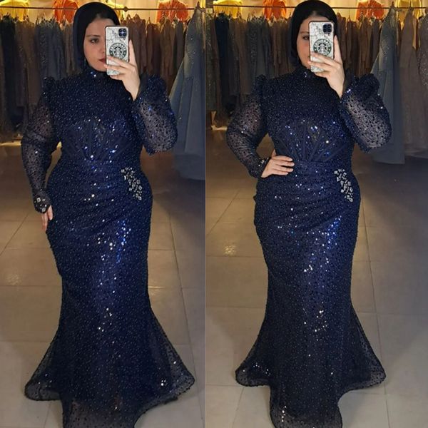Muçulmano marinho escuro plus size mãe da noiva vestidos sereia gola alta mangas compridas rendas lantejoulas vestidos de mãe vestidos de noivo m149