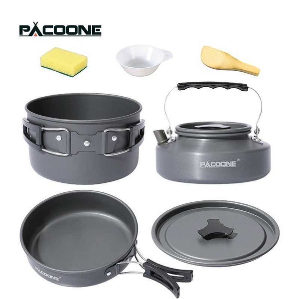 Conjunto de panelas de acampamento PACOONE Kit de panelas portáteis Kit de panelas ao ar livre para cozinhar chaleira de água Conjunto de talheres para caminhadas Equipamento de piquenique YQ240123