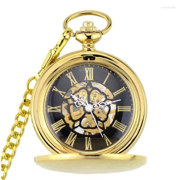 Orologi da tasca Cassa dorata di lusso Stile vintage Steampunk Quadrante nero Numero romano Orologio da uomo con movimento meccanico a carica manuale con catena