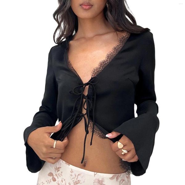 Женские блузки, весенне-осенняя кружевная рубашка с отделкой ресниц и завязкой спереди, женские черные укороченные топы с v-образным вырезом и длинными рукавами, эстетичная уличная одежда