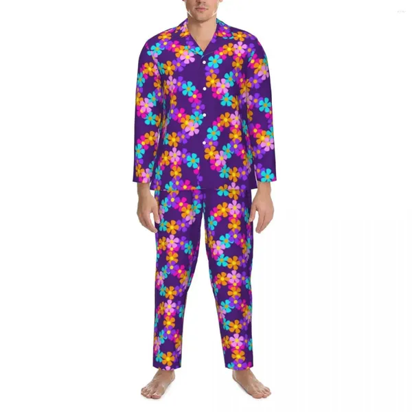 Homens sleepwear flores brilhantes outono floral paz impressão vintage oversized pijama conjuntos homem mangas compridas design de quarto macio casa terno