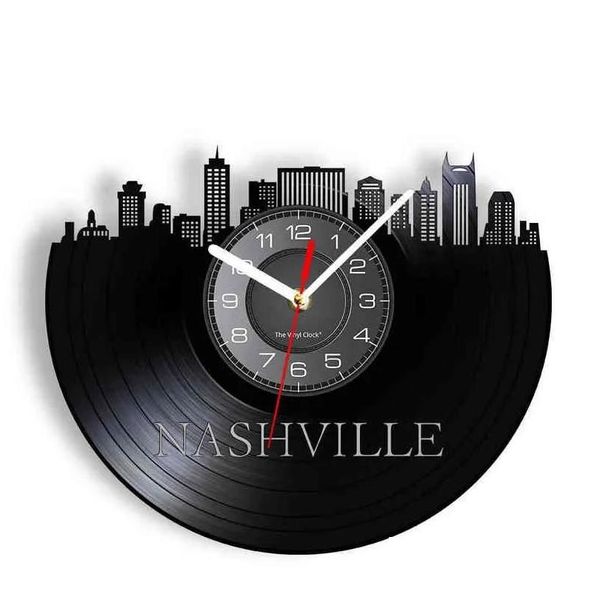 Relógios de parede Relógios Nashville Skyline Esculpido Registro de Vinil Sombra Arte Relógio de Parede Decoração de Escritório Tennessee Cityscape Disco Artesanato Retro Tempo Dhazs