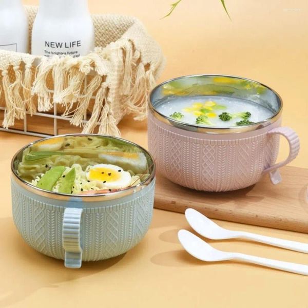 Geschirr Löffel Edelstahl koreanische Nudelschüssel Lunchbox mit Deckel Isolierung Suppenschüsseln Doppelschicht gewebtes Muster Ramen Müsli