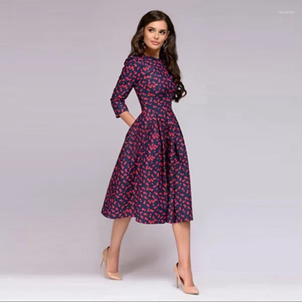 Abiti casual Elegante stampa a pois Abiti vintage Retro manica a tre quarti Autunno Primavera Abito rosso da donna A-line Date Party