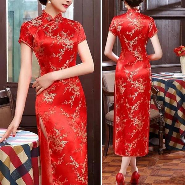 Ethnische Kleidung Damen Kleid Blumenstickerei Kurze Ärmel High Side Split Cheongsam Satin Seidig Slim Fit Enge Taille Sommer Frühling Qipao