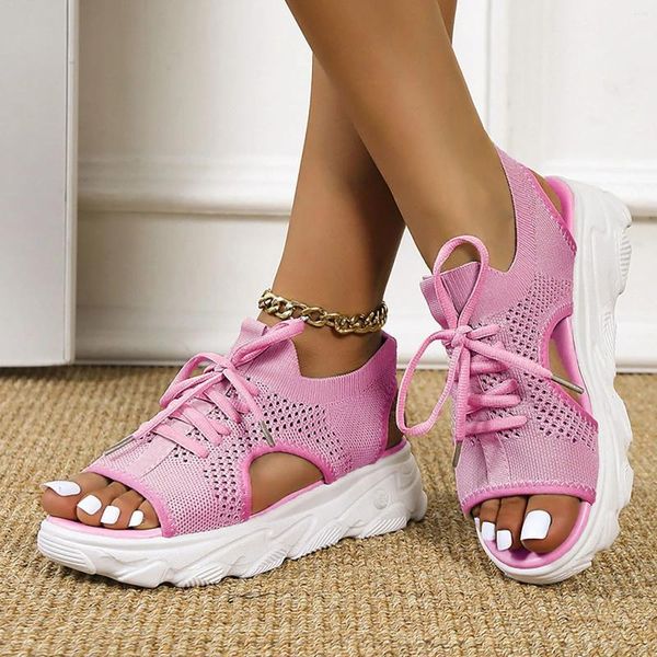 Sandálias de malha de sola grossa para mulheres verão moda casual sapatos de fundo plano oco out lace up plus size