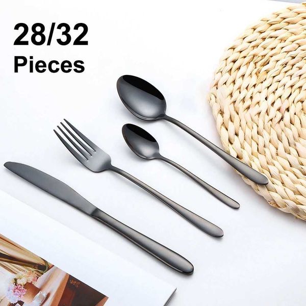 Cozinha de acampamento 24/28/32 peças talheres pretos de aço inoxidável conjunto de talheres ocidentais conjunto de jantar elegante espelho faca garfo colher utensílios de cozinha YQ240123