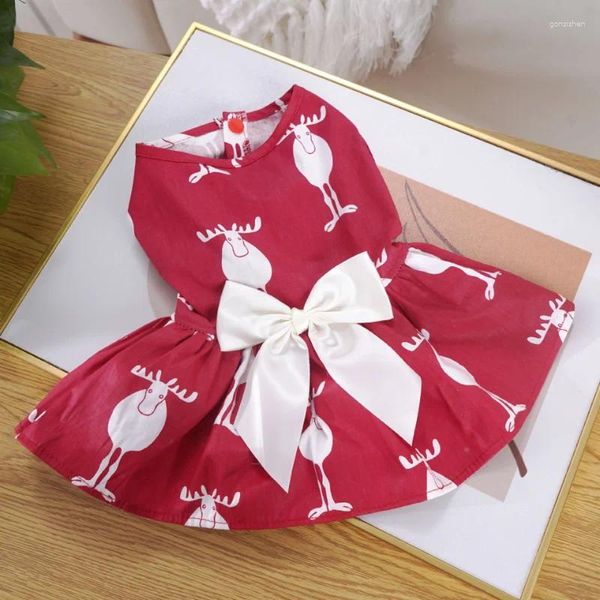 Cão vestuário roupas para animais de estimação vermelho vestido de natal para cães roupas gato pequeno elk impressão bonito fino primavera verão menina yorkshire acessórios