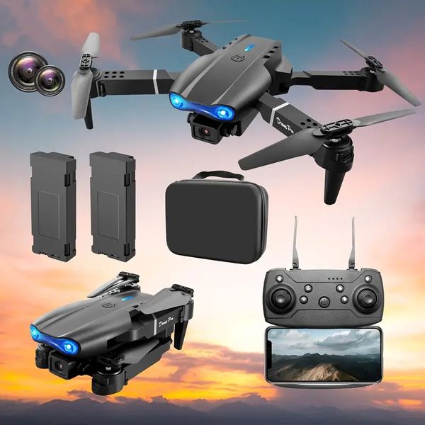 Die E99-Drohne wird mit zwei Kameras, zwei Batterien, mobiler Anwendungssteuerung, Indoor-Flugspielzeug und Halloween-/Weihnachts-/Neujahrsgeschenken geliefert