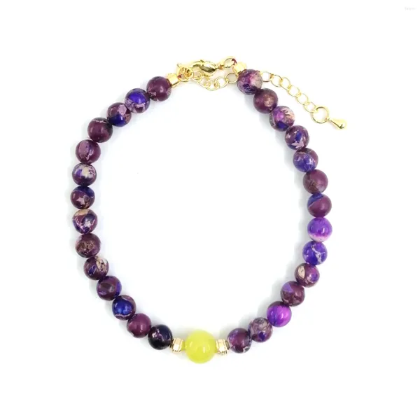 Strang 1 Stück verstellbares Armband aus violettem Kaiserstein und Zitronenjade – 6 mm 8 mm Perlen, 14 Karat vergoldete Akzente