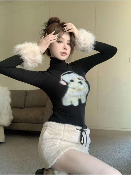 Mulheres Camisetas Hikigawa Chic Moda Mulheres Vintage Y2K Slim Cartoon Dog Imprimir Turtleneck Manga Longa Camisetas Primavera Oversleeve Tops Ropa