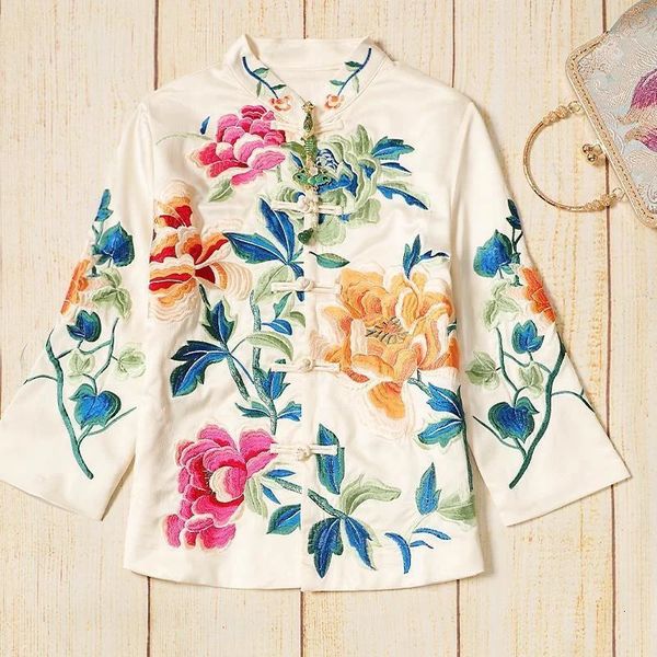 Gestickte Bluse im ethnischen Stil, Retro-Stickerei, chinesische Bluse, Damen-Stil, Jacke, lockerer Baumwollmantel, Damen-Herbst 240123