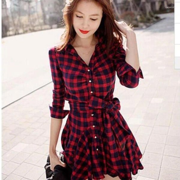 Vestidos casuais mulheres vestido outono inverno xadrez vermelho vintage festa slim fit camisa mini vestido roupas femininas