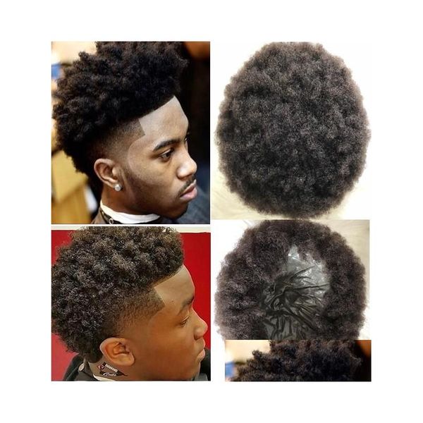 Erkek çocuk perukları tink cilt saç parçaları 4mm afro curl hint remy insan saç yedek fl pu toupee siyah erkekler için dhb5l