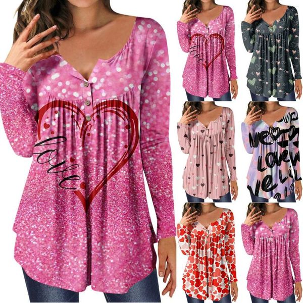 Damen-Kapuzenpullover, lang, schicke Ärmel, lockere Oberteile, lässig, Valentinstag, bedruckt, mit Knöpfen, plissiert, für Damen, einzigartige Damen-Shirts