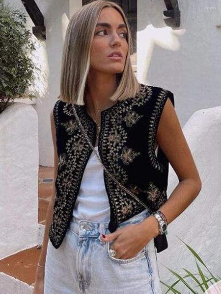 Gilet da donna Gilet ricamato floreale Giacca da donna senza maniche Moda Cardigan Crop Top Casual Velluto vintage con paillettes Cappotto Abbigliamento femminile