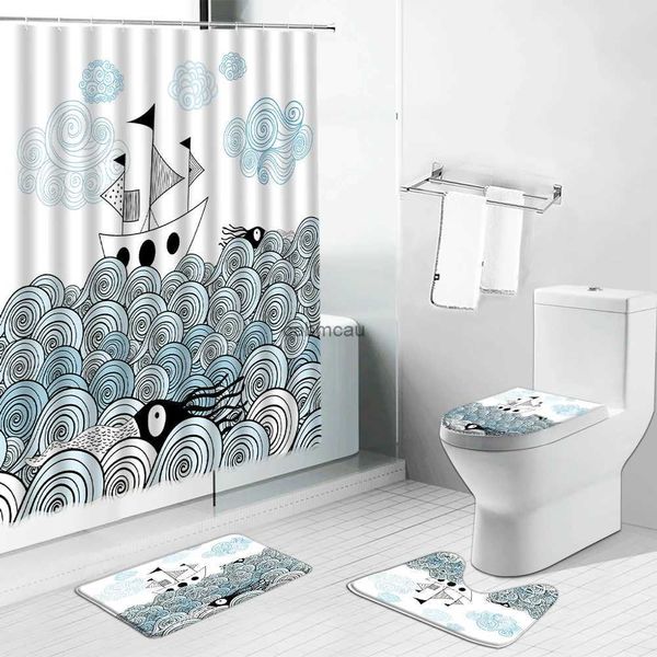 Cortinas de chuveiro ondas do mar veleiro mar navegação farol dos desenhos animados cortina de chuveiro cenário moderno decoração do banheiro toalete tapete conjunto