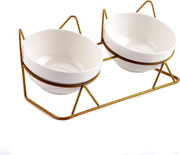 Alimentadores ATUBAN Cat Bowls Tigelas duplas de cerâmica para animais de estimação com suporte elevado inclinado de 15 ° para comida e água Anti-vômito Alimentador de pratos para gatos para cães