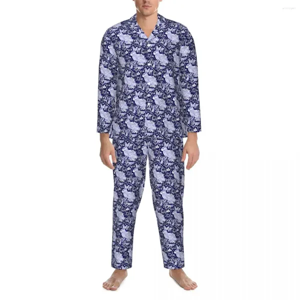 Pijamas masculinos primavera pássaro floral impressão vintage oversized pijamas conjunto homem manga longa quente lazer gráfico nightwear