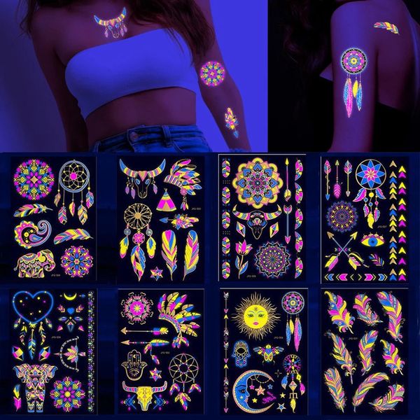 Leuchtende temporäre Tattoos-Aufkleber, fluoreszierendes Neon in dunkler Beleuchtung, BullElephant Arm-Schulter-Tattoo-Party-Aufkleber 240122