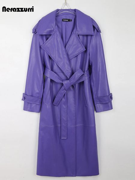 Nerazzurri Autunno lungo viola ecopelle Trench per donna Cintura alta qualità elegante lusso elegante soprabito moda 240119