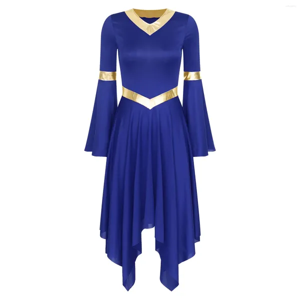 Bühnenkleidung Frauen Erwachsene Lyrical Lob Tanzkleid Anbetung Kirche Show Kostüm Metallic Flare Sleeve Asymmetrischer Saum Ballett Dancewear