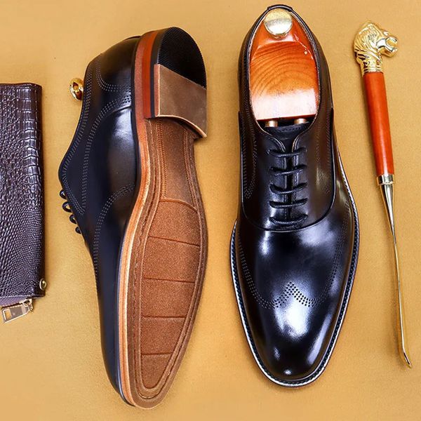 İtalyan markası kahverengi siyah orijinal deri oxford elbise ayakkabıları yüksek kaliteli dantelli takım ayakkabı ayakkabı düğün resmi erkek ayakkabıları 240118