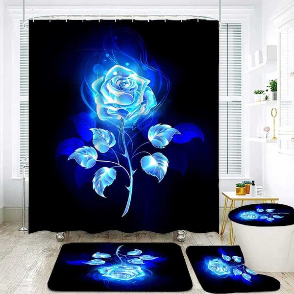 Tende da doccia Tessuto con fiori di farfalla 3D Set di tende da doccia impermeabili Tende da bagno Tappeto antiscivolo con rosa blu Copri coperchio del WC e tappetino da bagno