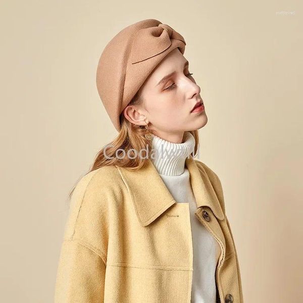 Berets Vintage Schwarz Französisch Baskenmütze Wolle Fedora Hut Für Frauen Blume Bogen Winter Filz Damen Hüte Chepeau Feminino