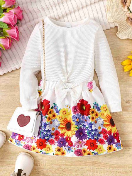 Abiti da ragazza 2 pezzi Set di vestiti per bambini a maniche lunghe Design Sense Top + gonna a fiori Moda adorabile vestito da festa per bambini ragazza 2-8 anni