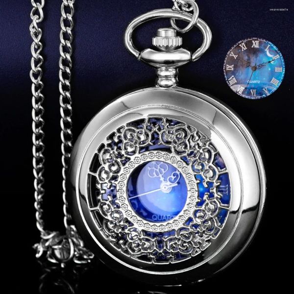 Relógios de bolso moda céu estrelado azul dial antigo relógio de quartzo colar pingente design analógico lembrança presente para mulheres