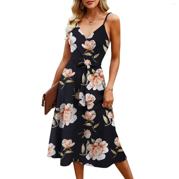 Lässige Kleider für Damen, Sommer, Wickelkleid, V-Ausschnitt, ärmellos, Boho-Blumenträger, A-Linie, fließendes Strand-Sommerkleid mit Tunika-Kleid