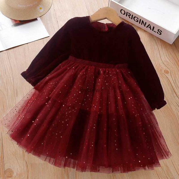 Mädchenkleider 2023 Rotes Weihnachtskleid für Kleinkinder Mädchen Herbst Winter Langarm Pailletten Prinzessin Kleid Hochzeit Geburtstag Party Vestidos