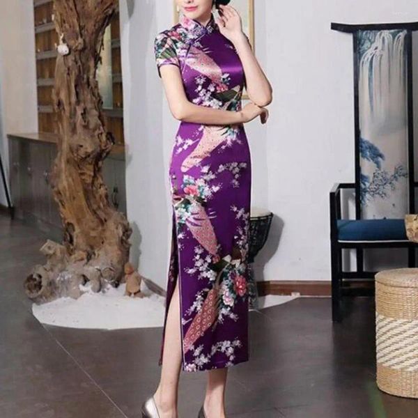 Roupas étnicas Mulheres Vestido Chinês Estilo Nacional Floral Impressão Mangas Curtas Alta Side Split Knot Botões Cheongsam Cetim Silky Slim Fit