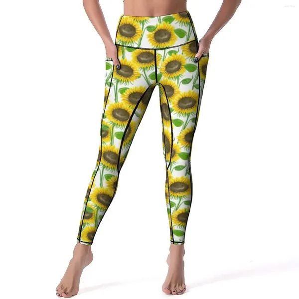 Leggings da donna Girasole Acquerello Natura sexy Fiore Foglie Pantaloni da yoga a vita alta Leggins ad asciugatura rapida Kawaii Lady stampati