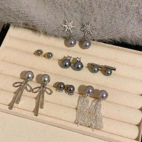 Orecchini a bottone francesi eleganti nappe con fiocco grigio perla per gioielli coreani con strass per feste, accessori dolci da donna