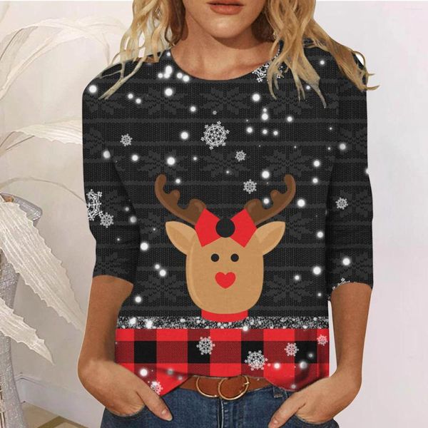 Kadın Tişörtleri Ren Geyiği Grafik Gömleği Kadınlar Noel Tees Gevşek 3/4 Kollu Kazak Camisetas Ropa De Mujer