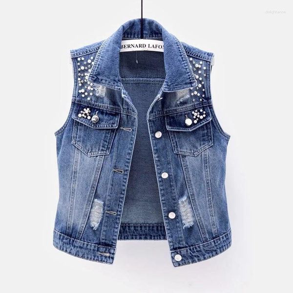 Gilet da donna Denim Donna Moda coreana Casual Cowboy Senza maniche Giubbotti Estate Jean Perline Gilet monopetto Top femminili