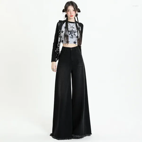 Calças femininas moda coreana vintage preto jeans mulheres oversize grunge y2k streetwear perna larga baggy senhoras calças harajuku