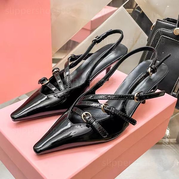 Designer-Slingbacks mit Schnallen, Slingback-Absätze, Damen-Designer-Schuhe aus Leder, Satin, Kristall, spitze Zehenpartie, Slingback-Sandalen, Pumps, Kitten-Heel-Schleife, Slingback-Schuhe