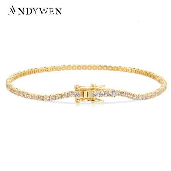 Andywen 925 prata esterlina ouro 2mm corte redondo tênis pulseira zircon cz bangle claps feminino corrente de cristal casamento jóias finas 240118