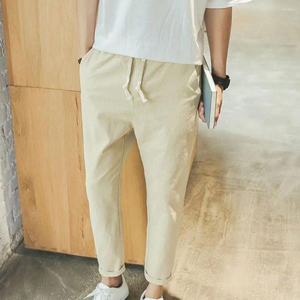 Мужские брюки Девятые мужские летние льняные брюки в Корейском стиле Тонкие повседневные модные легкие тонкие однотонные мужские брюки длиной до икры
