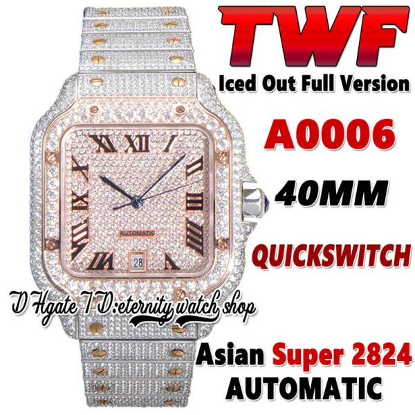 Orologio automatico da uomo TWF Tw0007 con pavé di diamanti artificiali, quadrante romano in oro rosa bicolore, bracciale in acciaio a cambio rapido e design ghiacciato