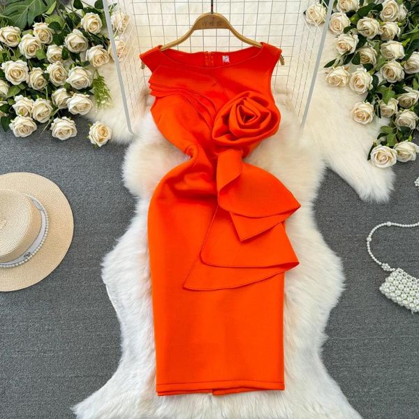 Freizeitkleider Foamlina Modisches, luxuriöses, 3D-Blumen-Vintage-formelles Kleid für Damen, ärmellos, Rundhalsausschnitt, Taillenbund, schlankmachend