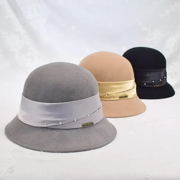 Berets mulheres lã cloche chapéus de luxo designer feltro fedora chapéu fita banda casamento flapper senhora balde inverno primavera boné