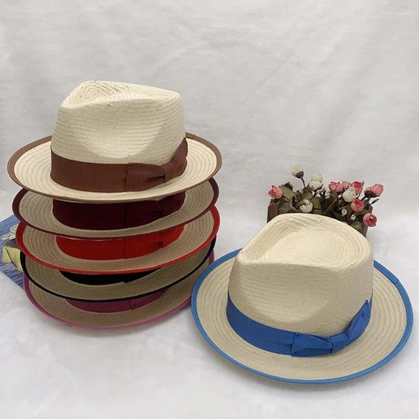Cappelli a tesa larga Panama estivi per donna uomo Cappello di paglia Fedora con fiocco per vocazione alla spiaggia