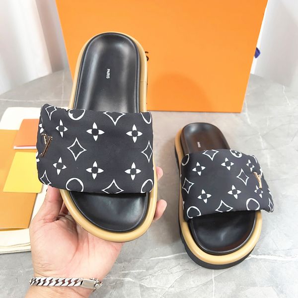 Designer de luxo sandália piscina travesseiro plana conforto mule slide verão praia chinelo mulher homem sapato flip flop sandale flor sliders loafer couro em relevo duplo torys