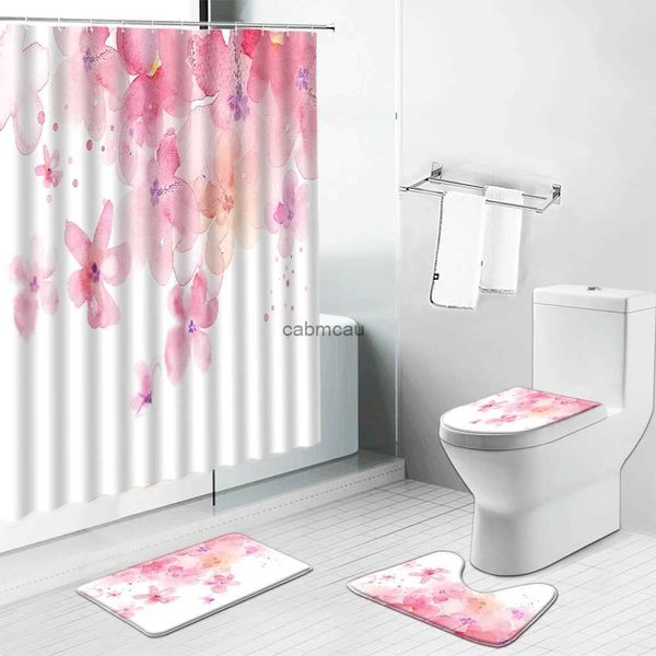 Cortinas de chuveiro rosa flores cortina de chuveiro primavera cenário meninas decoração do banheiro conjunto antiderrapante tapete toalete tapetes de cozinha cortinas de pano